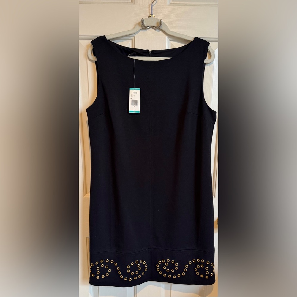 Jones NY Midi lined ponte dress, size 16, black. Gorgeous rivets at hem. NWT